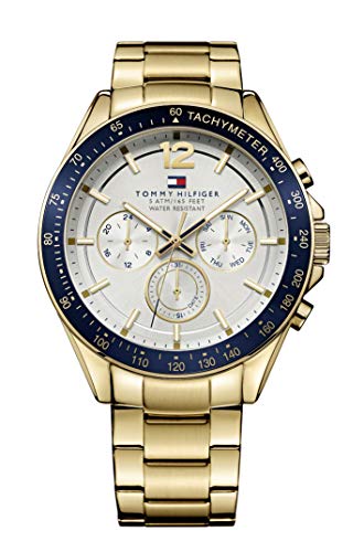 Tommy Hilfiger Herren 48mm Multifunktions-Quarz-Uhr - Armband aus Gold-Edelstahl, Silberweißes Zifferblatt, 3 Hilfszifferblätter, Wasserdicht bis 5ATM - 1791121 im Sale